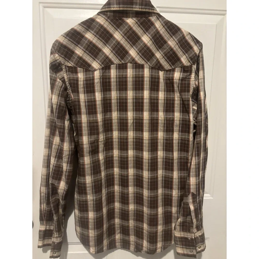 Wrangler Pearl Snap Shirt‎ Mens Medium Long Sleeve Brown Plaid Button Up